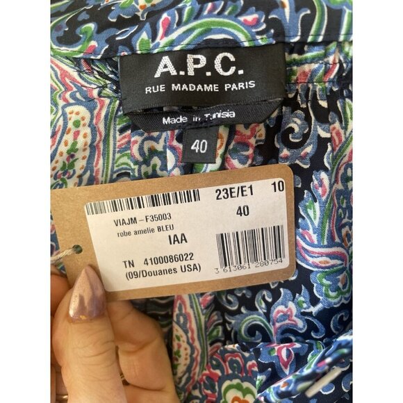 NWT A.P.C. Dress Women's Blue Paisley Print Belted Shirtdress Size 40 Medium - Picture 12 of 12